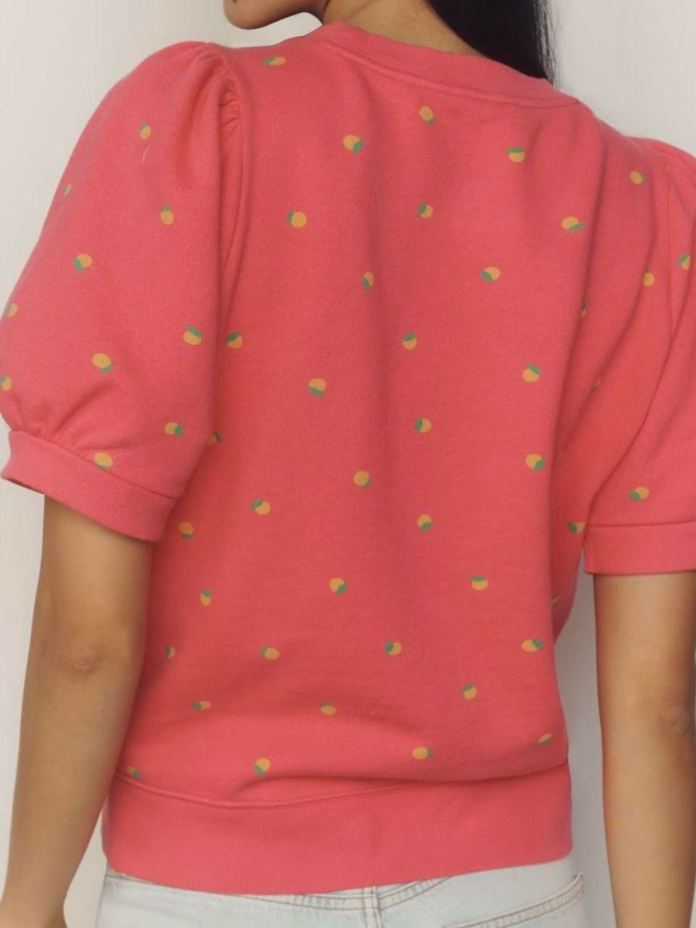 Anthropologie Coral Puff-Sleeve Sweatshirt with Yellow Dot Print